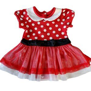 Disney Baby Minnie Mouse Dress Red White Polka Dot Black Bow 9-12Mos One Piece